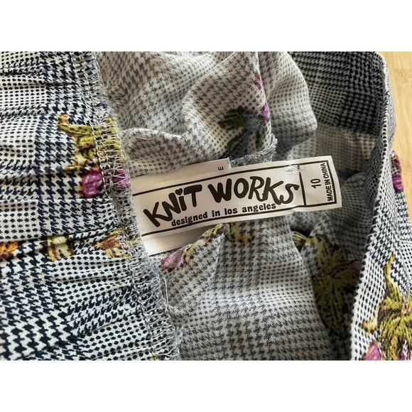 Knit Works Pants Womens 10 Blue Plaid Floral Embroidered Cropped Wide Leg Boho - Picture 7 of 10